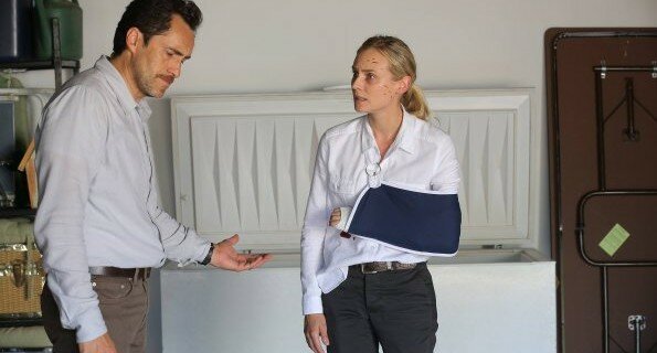 Marco (Demian Bichir) meets with Sonya (Diane Kruger) following her car accident in The Bridge 1x10